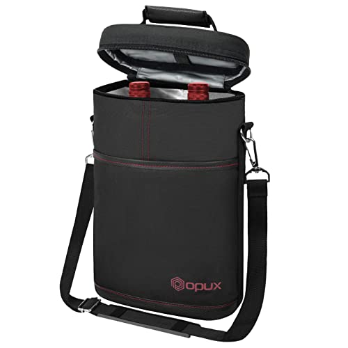 opux 2 Bottle Wine Carrier Tote, Insulated Leakproof Wine Cooler Bag, Wine Travel Bag Tote for Picnic BYOB Beach, Portable Wine Bottle Carrying Case, Gift for Wine Lover Women Men Christmas, Black - color: Black