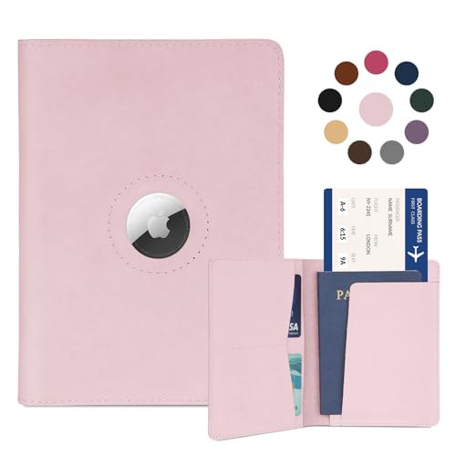 Airtag Passport Holder for Women Men Travel, Real Leather Passport Wallet, Handmade Passport Cover Case with Airtag Slot, Travel Must Haves Essentials Accessories Birthday Gift(Crazy Horse,Light Pink) - color: Light Pink