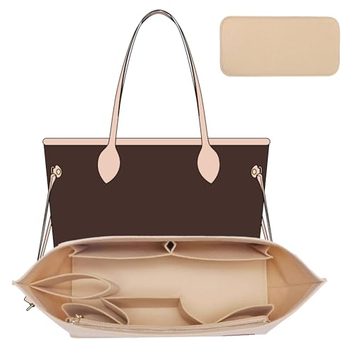 Purse Organizer Insert Compatible with Neverfull GM and More, Felt Zipper Bag Insert Liner with Base Shaper for Women Tote Handbags, Beige, XL - color: Beige, size: XL