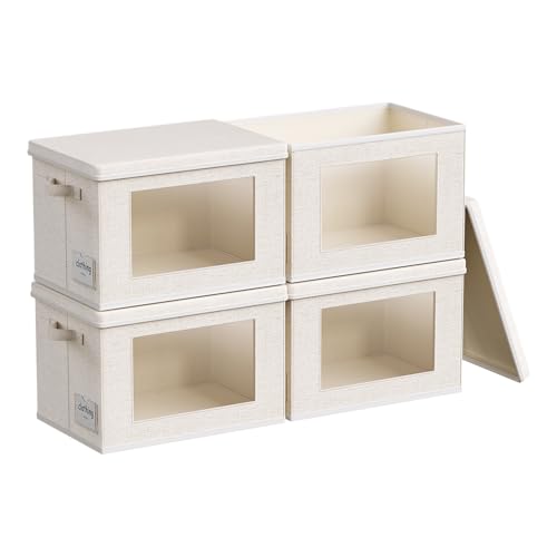 4-Pack Fabric Foldable Storage Bins Closet Storage Box with Window Decorative Storage Bins with Lids for Clothes, Closet, Living Room, Beige, 17“ x 11.8” x 11.8" - color: Beige, size: XL (17“ x 11.8” x 11.8")