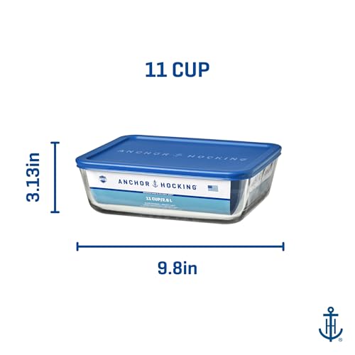 Anchor Hocking 11-Cup Glass Storage Containers with Lids, Set of 2 Glass Food Storage Containers with Blueberry SnugFit Lids