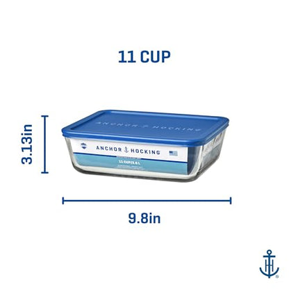 Anchor Hocking 11-Cup Glass Storage Containers with Lids, Set of 2 Glass Food Storage Containers with Blueberry SnugFit Lids