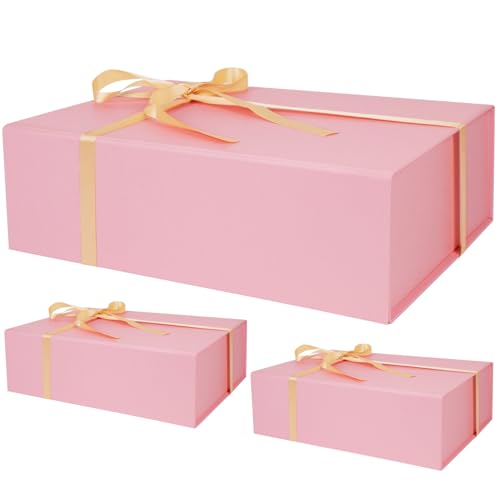 Large Pink Gift Box with Ribbon, 13.8" x 9" x 4.3" Groomsmen Proposal Box for Presents with Magnetic Closure Lids, Rectangle Collapsible Luxury Storage Box for Anniversary Wedding Birthday, 3 Pack - size: 1 count (Pack of 3)