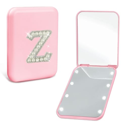 Personalized LED Pocket Mirror Pearl Letter 1X/2X Magnification Small Travel Makeup Mirror with Lights Pink Compact Mirror Folding Mirror Gifts Travel Essentials for Women Teen Girl (Z) - color: Z
