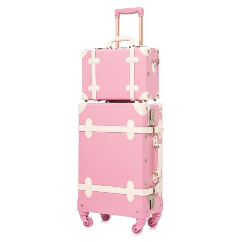 UNIWALKER Vintage Carry on Luggage Set, 2 Piece Retro Spinner Trunk Suitcase with Cosmetic Train Case for Women, 20"+12", Rose Pink - color: rose pink, size: 20in+12in