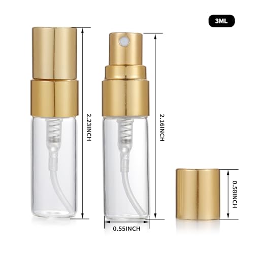 20Pcs 3ml Empty Clear Glass Mist Spray Bottle Refillable Mini Perfume Atomizer Travel Sample Bottle with Golden Aluminized Nozzle Makeup Container for Perfume (3ml Gold Caps) - color: 3ml Gold Caps