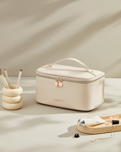 Prite Makeup Bag, Large Capacity Cosmetic Bag for Women and Girls, Waterproof PU Leather Travel Makeup Case, Toiletry Organizer with Handle and Divider for Skincare and Brushes - Beige - color: Beige