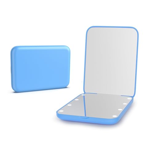 Kintion Pocket Mirror, 1X/3X Magnification LED Compact Travel Makeup Mirror with Light for Purse, 2-Sided, Portable, Folding, Handheld, Small Lighted Mirror for Gift, Blue - color: Blue