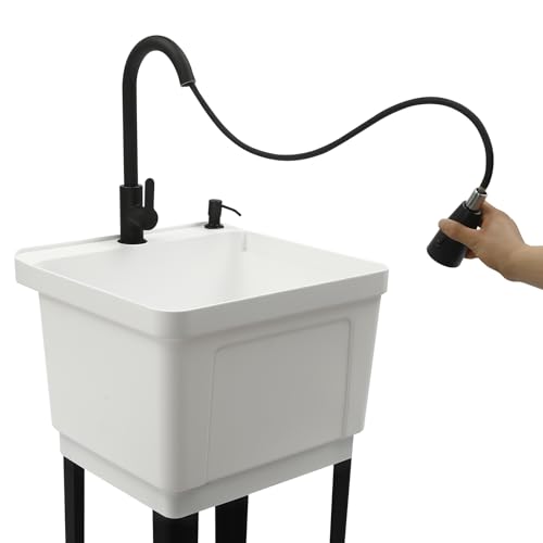 Utility Sink Laundry Tub Garage Sink w/Pull-out Faucet Freestanding Utility Sink Slop Sink for Washing Room Restaurants Utility Rooms Gardens, 19.69"W x 18.9"D x 33.07"H - color: White+Black, 19.7 x 18.9 x 33.1in