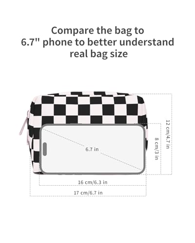 Narwey Small Checkered Makeup Bag for Purse Mini Cosmetic Bag Travel Makeup Pouch Zipper Pouch Cute Make up Bags with Compartments for Women Girls (Black Checkerboard, Small) - color: YB-Black Checkerboard, style: Small