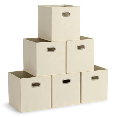 Fabric Storage Bins 6 Piece Set, Strong Poly-Woven Fabric, Sturdy Chipboard Sides, Grommet Front Handle, Stackable and Foldable, Classic Design, Cream - color: Cream, size: 11” L x 11” W x 11” H
