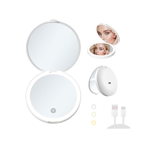 Led Travel Makeup Mirror 1x/2x Magnifying Compact Mirror with Light USB Rechargeable Small Pocket Mirror Dimmable Portable Makeup Mirror for Handbags Purses Pockets Gifts for Girls White