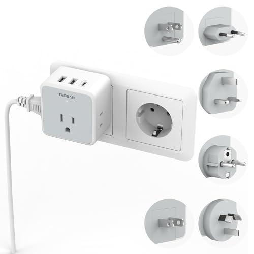 TESSAN All European UK Travel Plug Adapter Kit, 6-in-1 International Power Adapter with 3 USB (1 USB C) and 3 AC Outlets, Supports Type C, G, E/F, I, A, B for US to Europe UK Italy Australia Japan