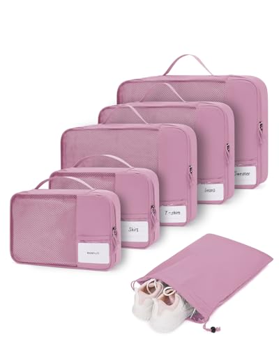 ECOHUB 6 Set Packing Cubes for Travel Durable Suitcase Organizer Bags Set with Personalized Tag Travel Essentials with Shoe Bag Traveling Accessories for Luggage Machine Washable, Pink - color: No Compress-Pink