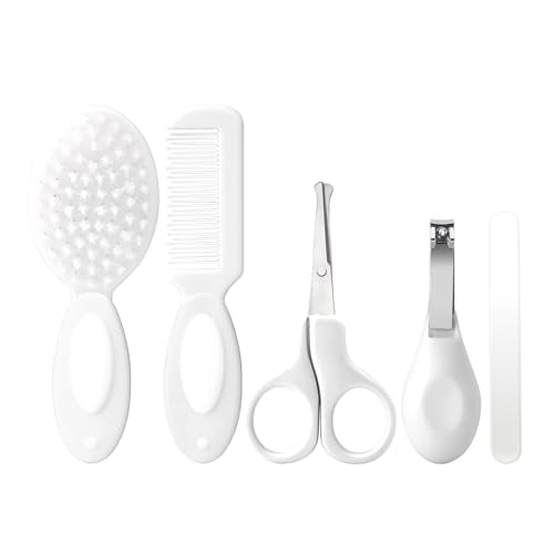 Baby Grooming Kit Newborn,Baby Health Care Kit,Baby Brush Soft Bristles 5 pcs Baby Nail Kit Nursery Care Kit Baby Hair Brush Hair Comb Nail Kit Safety Cutter Nail Clipper Set White - color: 5pcs White