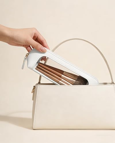 LETGO Clear Makeup Brush Bag Pouch, Waterproof PU Leather Portable Makeup Bag Holder with Transparent Window, Travel Lipstick Case Pouch Car Organizer and Storage (Slim, Beige) - color: Beige, style: Slim
