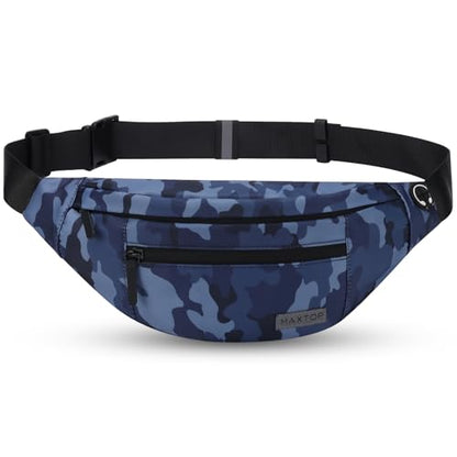 MAXTOP Large Crossbody Fanny Pack with 4-Zipper Pockets,Gifts for Enjoy Sports Festival Workout Traveling Running Casual Hands-Free Wallets Waist Pack Phone Bag Carrying All Phones - color: Camo Gray Blue, style: Large Fanny Pack(4 Zipper Pockets)
