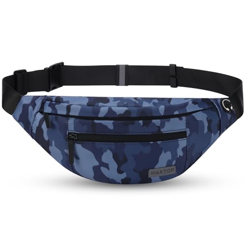 MAXTOP Large Crossbody Fanny Pack with 4-Zipper Pockets,Gifts for Enjoy Sports Festival Workout Traveling Running Casual Hands-Free Wallets Waist Pack Phone Bag Carrying All Phones - color: Camo Gray Blue, style: Large Fanny Pack(4 Zipper Pockets)