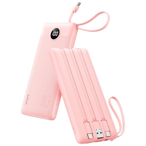 VRURC Portable Charger Power Bank, Built-in 4 Cables & 2 Ports,10000mAh Slim Battery Pack with LED Display, Travel Essential USB C Portable Phone Charger for All Cell Phones Devices-Pink(1 Pack) - color: Pink