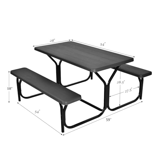 Giantex Picnic Bench Set Outdoor Camping All Weather Metal Base Wood-Like Texture Backyard Poolside Dining Party Garden Lawn Deck Large Picnic Tables for Adult (Black) - color: Black