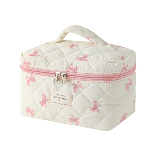 uekeboag Large Travel Quilted Makeup Bag for Women, Floral Cotton Cosmetic Bag, Coquette Aesthetic Floral Toiletry Organizer Bag - color: 08Little Pink Bow