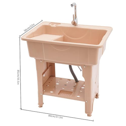 Laundry Sink, Freestanding Plastic Laundry Sink With Washboard Utility Sink Laundry Tub Indoor and Outdoor Utility Sink with Faucet Hoses Drain Kit for Laundry Room Washing Room Garden Garage - color: 31.5*22.05*33.46in -Coffee