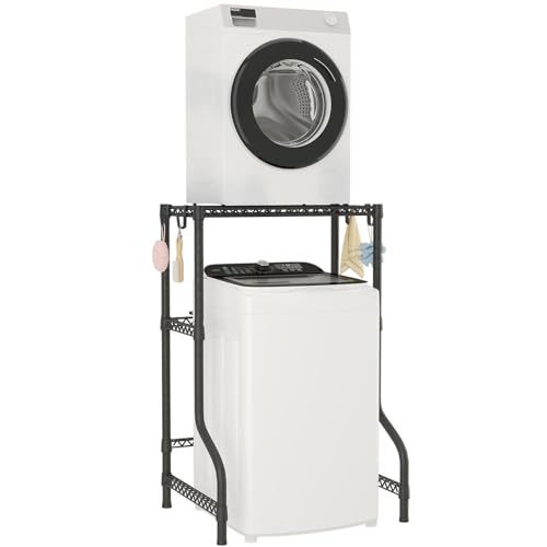 ULIFHOME U16 Upgraded Washer Dryer Stacking Rack for Narrow Laundry Room and Bathroom, Metal Over Washer and Dryer Storage Shelves for Saving Space, 29.5" W x 23.6" D x 53.1" H, Black - color: Black