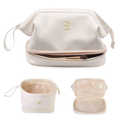 Personalized Gifts, Initial Makeup Bag, Personalized Double Layer Cosmetic Bag with Makeup Brush Organizer, Large Capacity PU Leather Travel Toiletry Bag Bride Gifts, Bridal Party Gifts - color: White, style: S