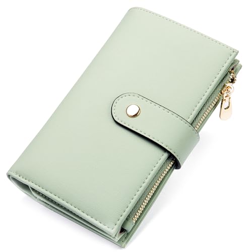 yiijay Wallets for Women RFID Blocking Leather Trifold Clutch Wallet Credit Card Holder Ladies Travel Wallet Purse with Pen Holder - color: 1Green