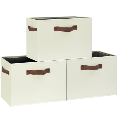 GhvyenntteS Large Fabric Storage Bins with 3 Handles, 15x11x9.6 Inch Storage Baskets for Shelves, Foldable Closet Storage Bins for Shelves, Closet Organizers and Storage Boxes, Beige - color: Dark Beige, size: Large-3 Pack