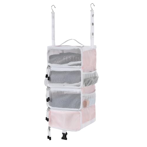 Surblue Hanging Travel Organizer Portable Hanging Luggage Organizer Multiple Compartments Collapsible Compression Closet Packing Cubes,Pink,S - color: Pink, size: Small