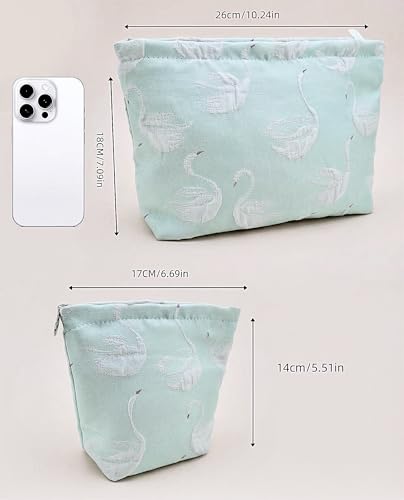2-Pack Swan Print Makeup Bag Set - Large Capacity Light Blue Cosmetic Organizer | Travel Toiletry Pouch for Women Girls (Cute Animal Print, Zipper Closure) - color: B04-Swan Blue
