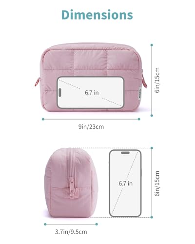 Narwey Puffer Travel Makeup Bag for Women Girl, Quilted Puffy Cosmetic Bag Make Up Bag Organizer, Cute Travel Toiletry Bag for Toiletries (Pink) - color: Pink
