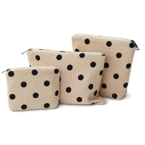 Small Cosmetic Bag Set of 3 for Purse, Beige Polka Dot Cotton Makeup Bags, 3 Sizes Zipper Pouch Organizer for Travel & Toiletries, Gift for Her Birthday, Bridesmaid & Best Friend - color: Beige/Cotton
