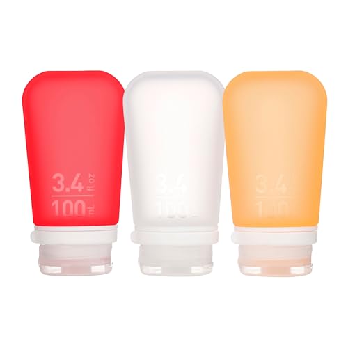 humangear GoToob+ Bottles - Silicone Leak-Proof Travel Tubes for Toiletries, Camping & TSA Carry-On (3-Pack), Large (3.4 fl oz; 100ml), Clear/Red/Orange - color: Red/Clear/Orange, size: 3.4 Ounces
