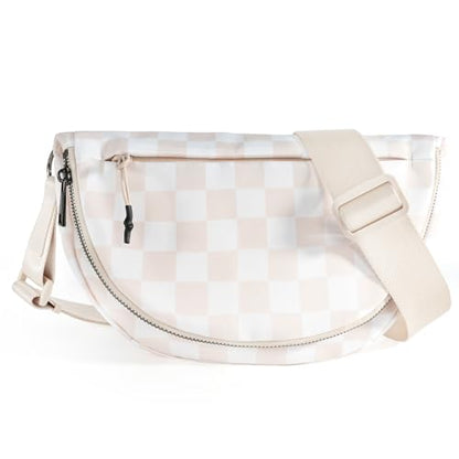 Crescent Bag for Women and Men, Fashion Medium Nylon Folding Crescent Moon Bag Single Shoulder Bag with Adjustable Strap - color: Crossbody bag- Beige Checkered