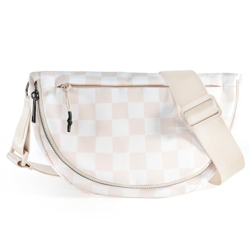 Crescent Bag for Women and Men, Fashion Medium Nylon Folding Crescent Moon Bag Single Shoulder Bag with Adjustable Strap - color: Crossbody bag- Beige Checkered