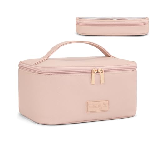Montana West X Wrangler Travel Makeup Bag 2pcs Set Large Cosmetic Bag with Makeup Brush Holder Portable Make Up Organizer Cute Toiletry Bag with Divider and Handle for Women - color: Light Pink