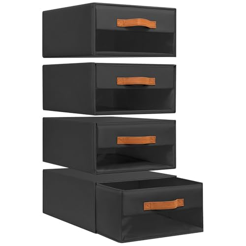 DIMJ Closet Organizers and Storage - Foldable Storage Bins with Drawers Fabric Stackable Storage Drawers with Clear Window,Fabric Clothes Organizers and Storage Drawers for Closet, 4-Pack, Black - color: Black, size: Large - 4 Pack