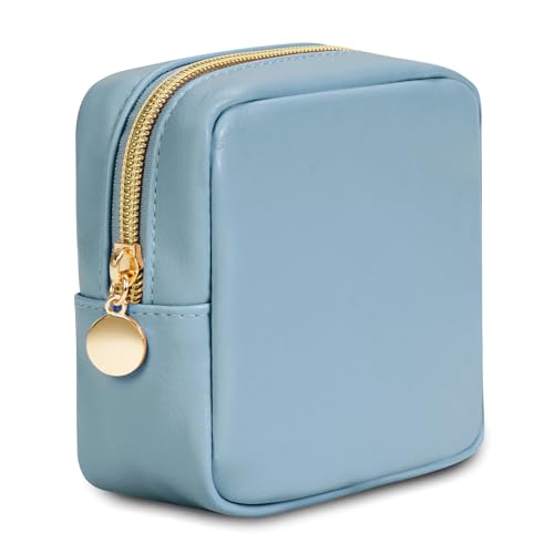 Wandering Nature Small Makeup Bag for Purse Mini Make up Pouch Cute Cosmetic Pouch for Women with Slip-in Pockets Matte Leather, Blue - color: Blue