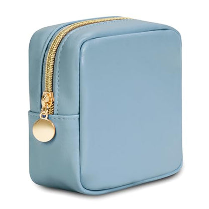 Wandering Nature Small Makeup Bag for Purse Mini Make up Pouch Cute Cosmetic Pouch for Women with Slip-in Pockets Matte Leather, Blue - color: Blue