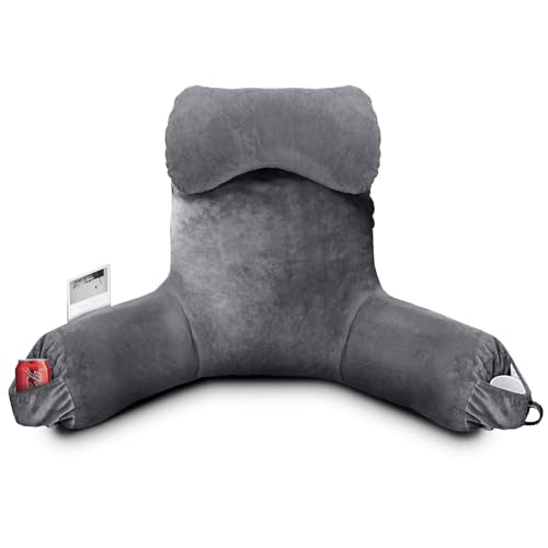 Reading Pillow for Sitting in Bed Adult, Bed Pillow with Shredded Memory Foam, 25''H Pillow with Detachable Neck Roll, Washable Cover, Back Pillow Sitting Up with Extend Arms, Gery - color: Grey, size: Extra Large