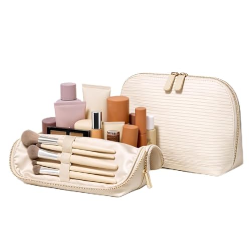 APT 1101 Large Standing Foldable Makeup Bag for Travel, Vertical Folding Down Design, Organized Cosmetic & Skincare Bag for 2–4 Week Trips (Oatmeal, Large) - color: Oatmeal, size: Large