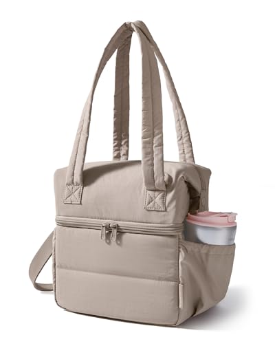 BAGSMART Double Deck Lunch Bag Women, Insulated Reusable Lunch Box, Quilted Puffer Lunch Tote with Shoulder Strap, Durable Large Lunch Cooler For Work Picnic Travel Meal Prep Flight, Camel - color: Camel