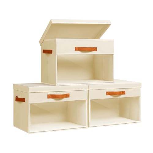Homsorout Large Storage Bins with Lids - 3 Pack Foldable Decorative Organizers with Clear Windows & Handles, Cube Storage Organizers for Clothes, Blankets, Sweaters, Sheets, Beige - color: Beige, size: 13.7 Inch-3 Pack