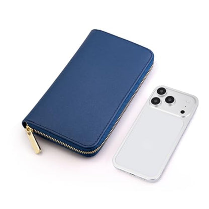 Luxury Real Leather Zip Around Travel Wallet | Large Capicity Card Holder Organizer | Classic Phone Clutch for Men Women (Navy - Saffiano Leather) - color: Navy - Saffiano Leather