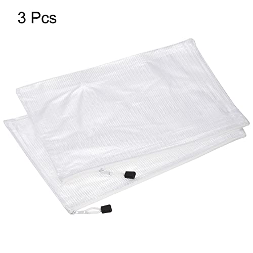 MECCANIXITY Mesh Zipper Bags, A3 Size Plastic Zip File Pouch Document Folders for Home Office Travel, White Pack of 3 - color: White