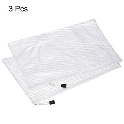 MECCANIXITY Mesh Zipper Bags, A3 Size Plastic Zip File Pouch Document Folders for Home Office Travel, White Pack of 3 - color: White