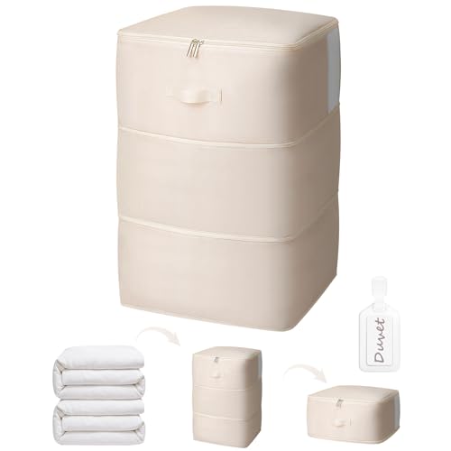1 Pack Comforter Storage Bag, 204L Blanket Storage Bags Self Compression Comforter Organizer and Storages, Space Saving Washable Compression Bags for Blanket Bedding Pillow Duvet Quilt, Beige - color: Beige, size: 200L x 1