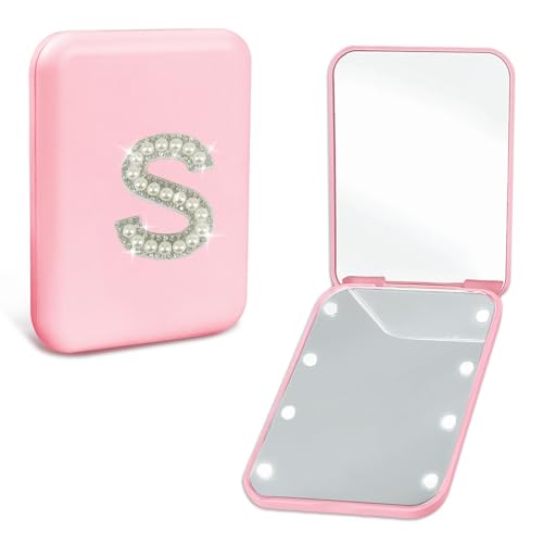 Travel Essentials Accessories Personalized LED Pocket Mirror Pearl Letter 1X/2X Magnification Small Travel Makeup Mirror with Lights Pink Folding Compact Mirror for Women Teen Girl (S) - color: S